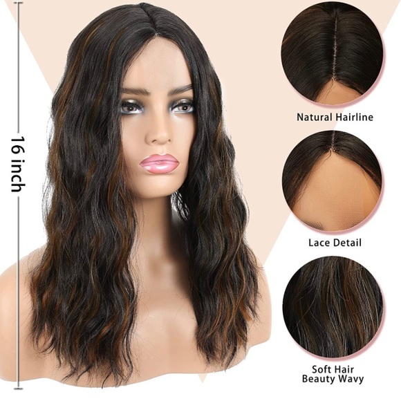 Middle Part Lace Front Wig Shoulder Length Wavy Synthetic Natural Brown 16” NEW - Picture 3 of 12
